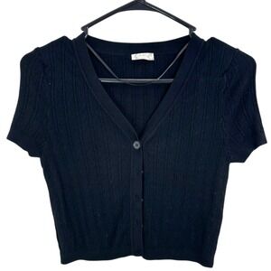 Intimately Free People Black Ribbed Pointelle Knit Short Sleeve Cardigan‎ Top